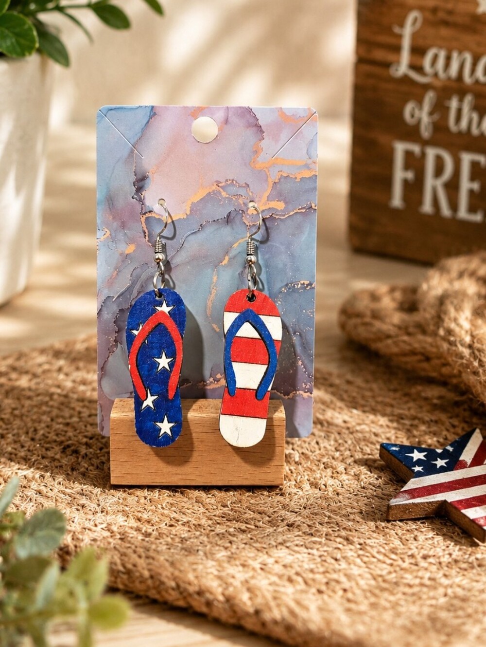 Patriotic Flip Flop Dangle‎ Earrings Red White Blue Summer Beach USA